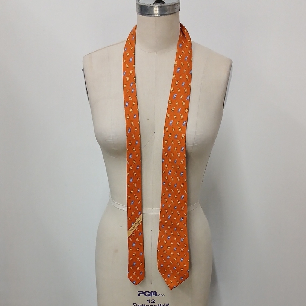 Salvatore Ferragamo Orange Silk Tie with Blue and Yellow Camels